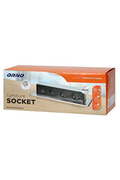 Orno Nábytková zásuvka OR-GM-9014(GS)/B-G, vestavná, posuvný panel, 3 zásuvky Schuko, 2 x USB Quick C