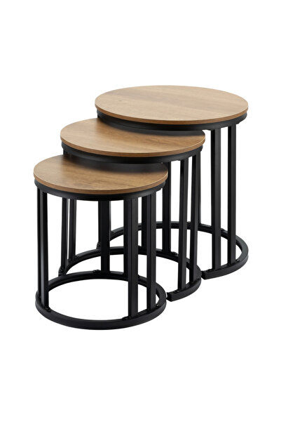 Lawazim Nesting Coffee Table Set of 3 - Round Brown Wood Top Side Tables for Living Room