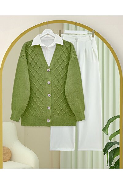 Modamorfo V-Neck Large Button Patterned Knitwear Cardigan -Khaki