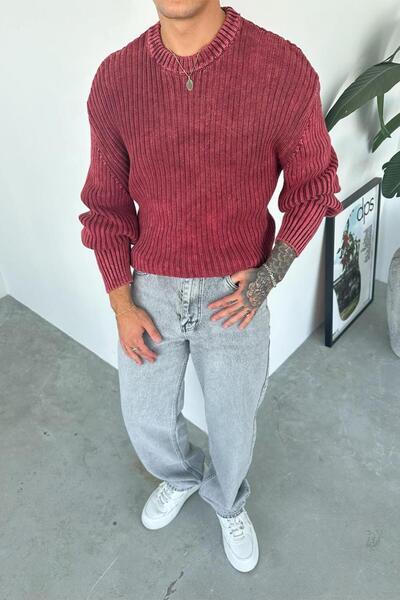 HAFKA Burgundy Acid Wash Ribbed Oversize Knit Sweater