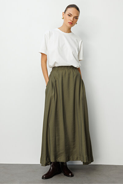 Mizalle Modal Karışımlı Haki Beli Lastikli Maksi Etek