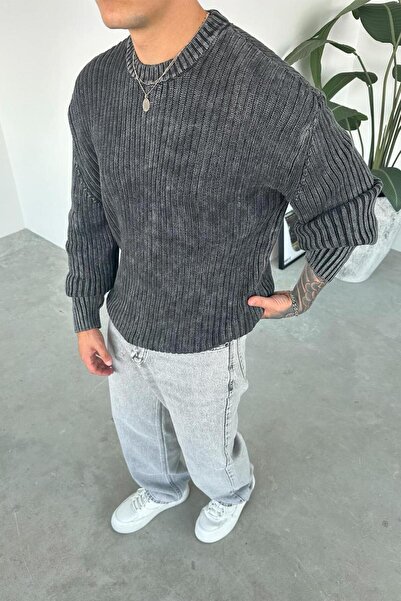 HAFKAGİYİM Сіях Acid Wash Fitilli Oversize Triko Kazak