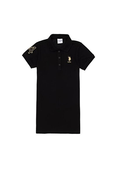U.S. Polo Assn. Kız Çocuk Siyah Polo Yaka Kısa Kol A-Form Basic Örme Elbise KZY GİYİM