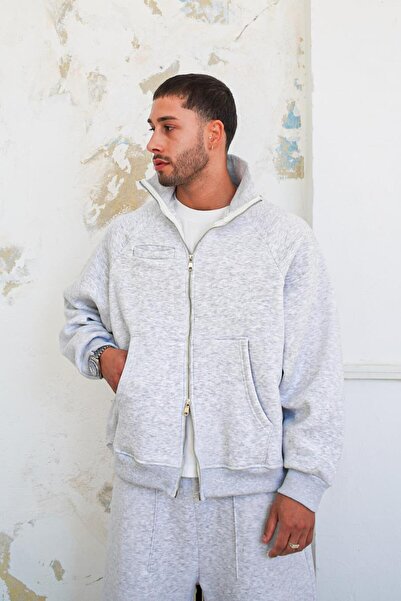 HAFKAGİYİM Γκρι Melange Cozy Basic Φούτερ με διπλό φερμουάρ Oversize