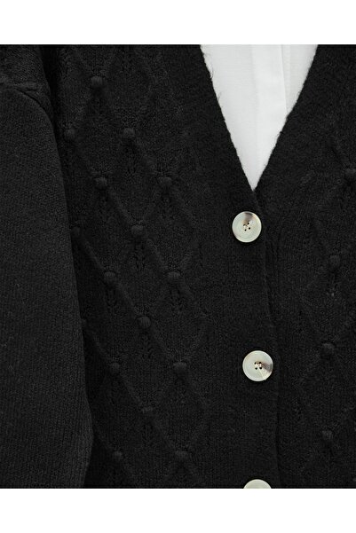 Modamorfo V-Neck Large Button Patterned Knitwear Cardigan -Black