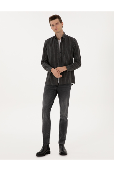 Pierre Cardin Antrasit Çizgili Regular Fit Uzun Kollu Gömlek 50316765-VR006