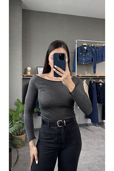 YOUR NAME Bluză antracit cu textura cașmir cu gât barcă