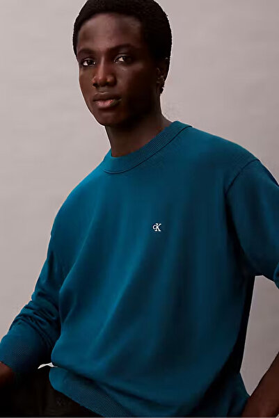 Calvin Klein Erkek Regular Fit Monogram Nakışlı Kazak - Petrol Mavisi
