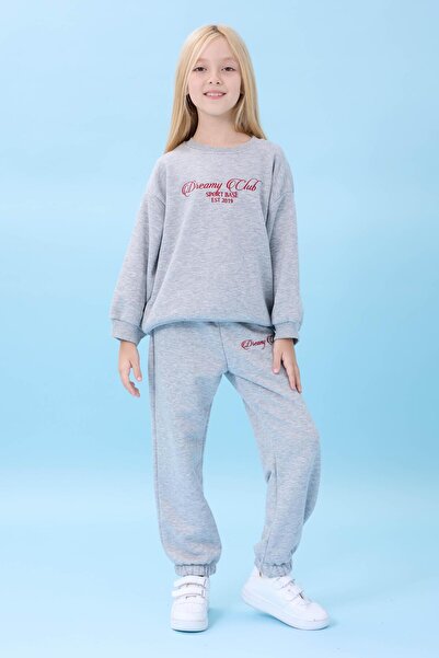 Perendi Girl's Dreamy Embroidered Crew Neck Seasonal Top and Bottom Set Gray