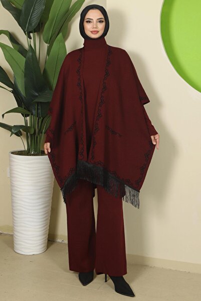 hafsamina Chain Patterned Three-Piece Knitwear Set Burgundy Hm2815