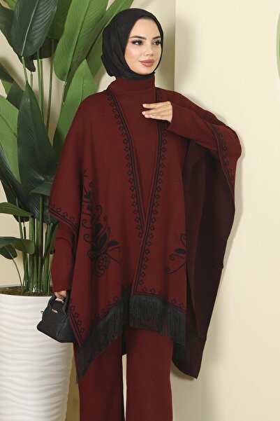 hafsamina Panche Triple Knitwear Set Claret Red Hm2814