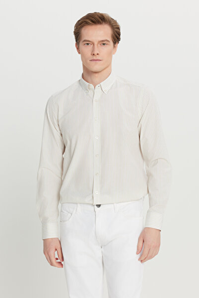 AC&Co / Altınyıldız Classics Men's White-Beige Cotton Tailored Slim Fit Button-Down Classic Collar Striped Shirt