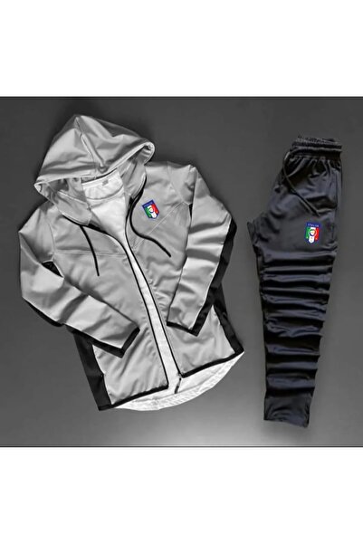ByFourMan Hooded Gray Men's Scuba Italian Printed Black Tracksuit Set