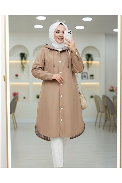 Modamorfo معطف طويل بقلنسوة مع جيوب جانبية مخططة - لون المنك