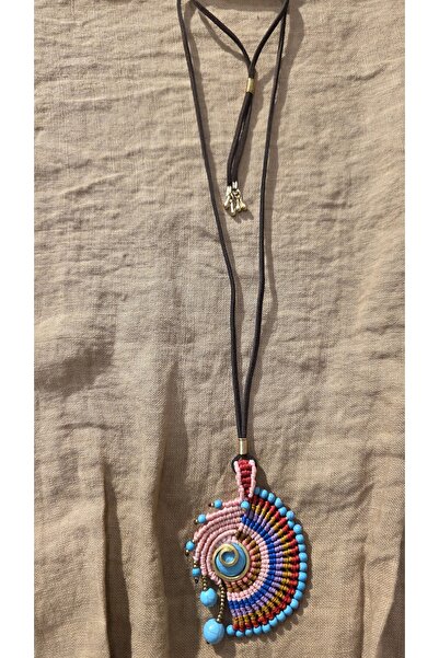 trendbysena Doğal Taşlı Otantik Kolye Renkli Örgü Tasarım El Yapımı