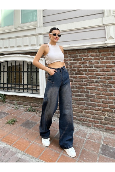 pass&pass Y2K Side Pocket Front Side Pocket Detail Wide Leg Tinted (Dark Blue) Chemical Washed