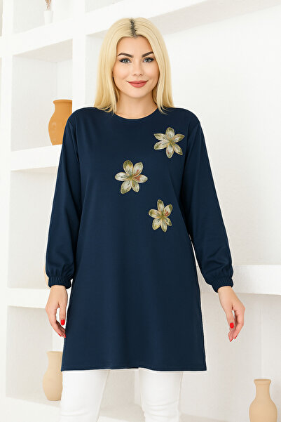 nacar çarşı Kadın Lacivert Oversize Çiçek Desenli Tunik Tişört – Uzun Kollu, Yuvarlak Yaka, Rahat Kesim