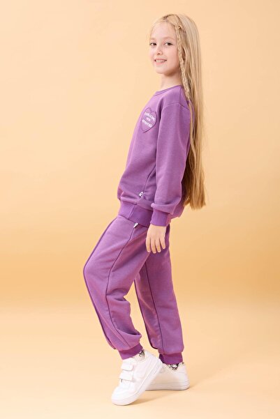 Perendi Girl's Basic Heart Applique Seasonal Top and Bottom Set Purple