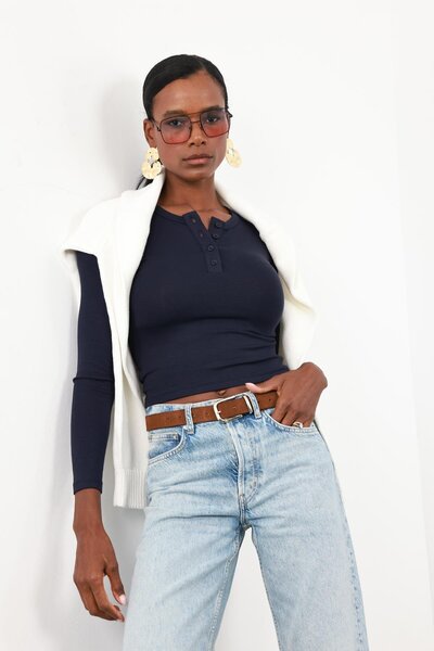 5in1Canpolat Navy Blue Soft Touch Buttoned Blouse 71776