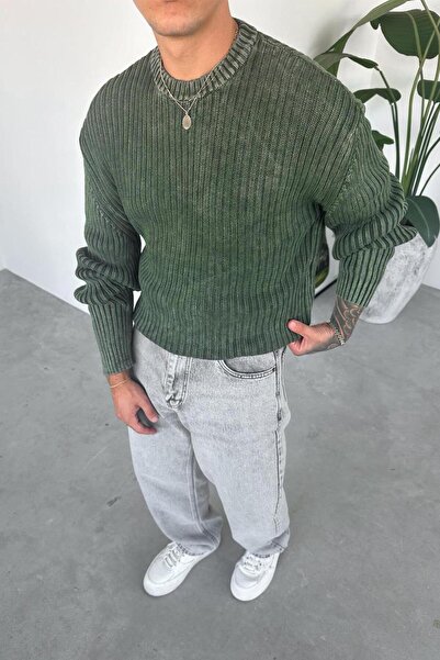 HAFKAGİYİM Khaki Acid Wash Ribbed Oversize Knit Sweater