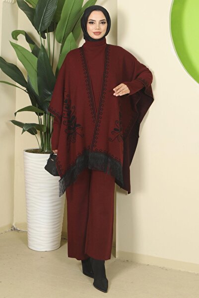 hafsamina Panche Triple Knitwear Set Claret Red Hm2814