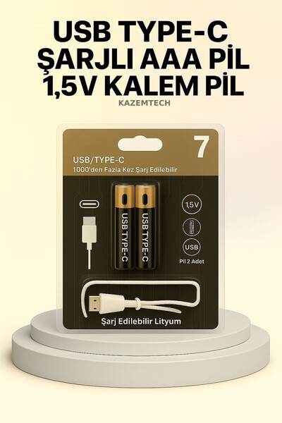 KAZEMTECH Kalem Pil 1.5V Şarj Edilebilir AAA USB Type-C 1200mWh Kapasiteli Lityum Piller Kolay Kullanım