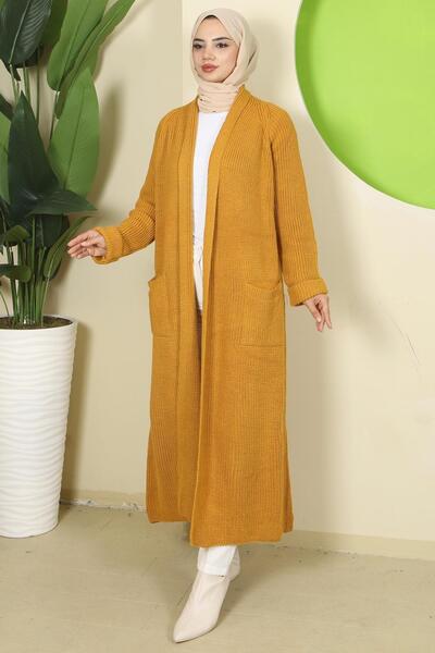 hafsamina Shawl Collar Pocketed Knitwear Cardigan Mustard Hm2243
