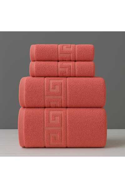 OEM SET OF 5 GREEK PATTERN TOWELS 100% COTTON - CORAL RED - adds extra comfort and style