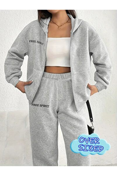 LOUİSA Γυναικείο σετ φούτερ με κουκούλα με φερμουάρ, γκρι με στάμπα Free Spirit, ελαστικό πόδι
