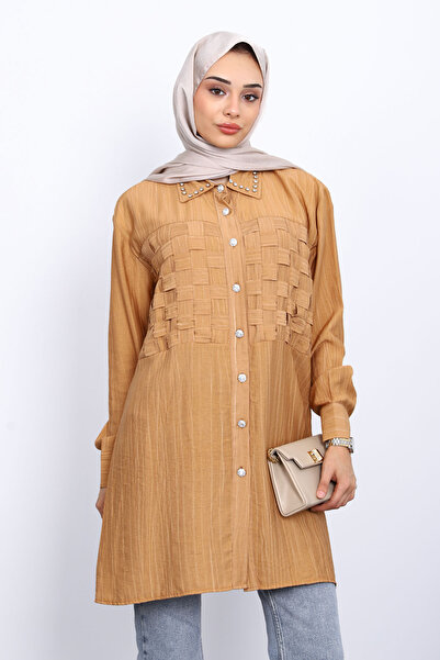 İmajButik Camel Collar Stone Embellished Pre-Plaited Tunic