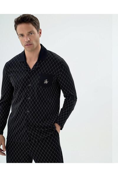 Svm Svman 9642 Men's Black Sv Logo Buttoned Long Sleeve Stylish Shirt Pajama Set