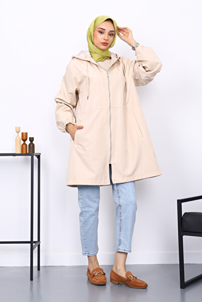 İmajButik Μπεζ καμπαρντίνα με κουκούλα και κέντημα στο πίσω μέρος