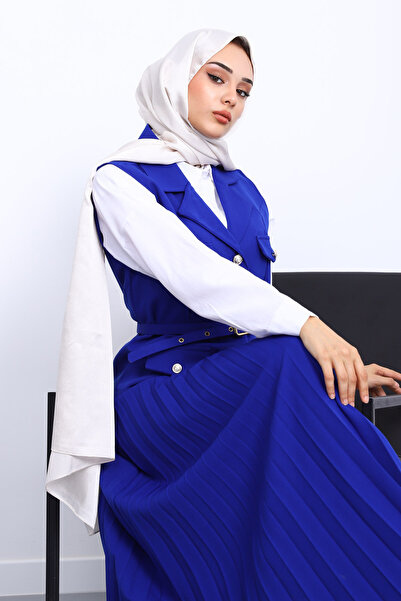 İmajButik Saks Blue Belted Vest Skirted Crepe Suit