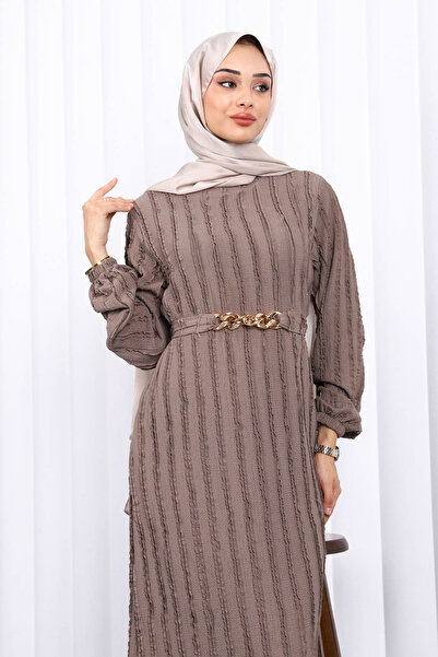 İmajButik Mink Belted Ruffle Detailed Seersucker Dress