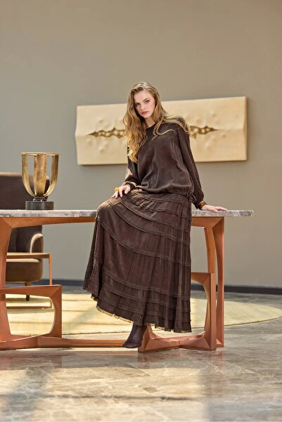 MissWhence Cupro Lace Skirt Set 38025 Brown