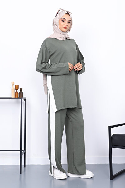 İmajButik Khaki Color Block Modal Tunic Trouser Set