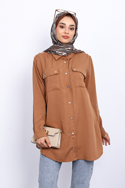 İmajButik Tan Double Pocket Tunic with Shoulder Epaulettes