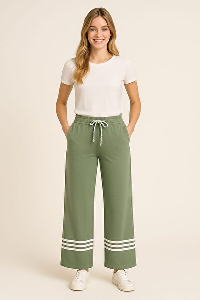 enmodaiçgiyim Green High-Quality Stretchy Modal Cotton Fabric Wide-Leg Sweatpants with Pockets - Casual, Comfortable Fit
