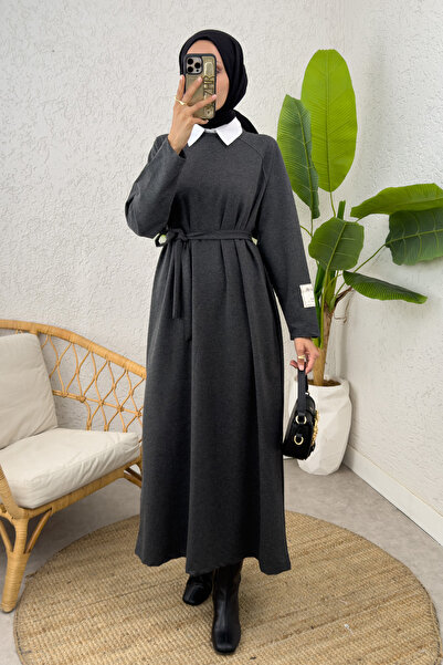 Salih Çelebi İki İplik Kuşaklı Elbise 0007 - ANTRASİT