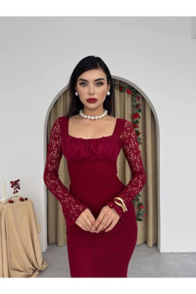 ETİKAFASHION Büzgü Yaka İspanyol Kol Dantel Uzun Elbise