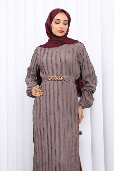 İmajButik Γκρι φόρεμα από γκοφρέ με λεπτομέρεια με βολάν στη μέση