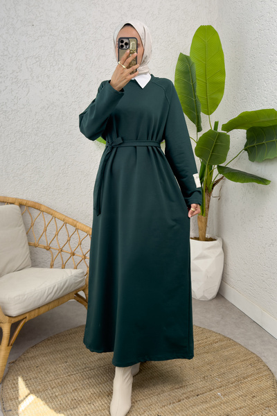 Salih Çelebi İki İplik Kuşaklı Elbise 0007 - ZÜMRÜT YEŞİLİ