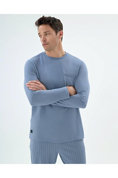 Svm Svman 9634 Men's Blue Striped Sv Logo Crew Neck Stylish Pajama Set