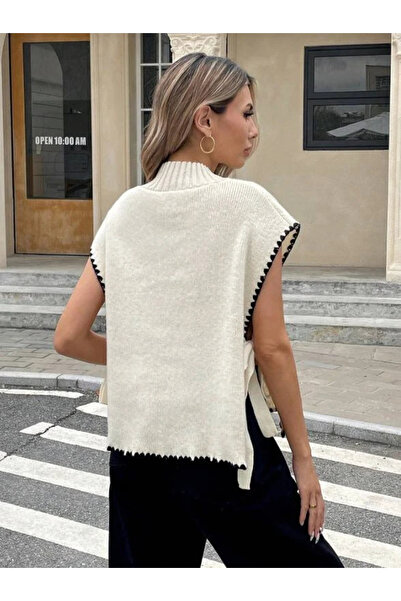 Buklemoda Pulover tricotat fără mâneci cu șireturi laterale