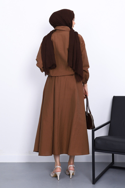 İmajButik Brown Pocketed Elastic Waist Skirt Suit