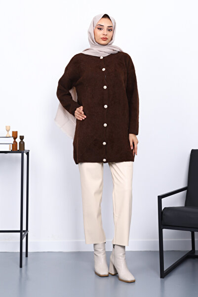 İmajButik Brown Buttoned Angora Soft Knit Cardigan