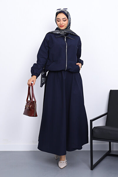 İmajButik Navy Blue Pocketed Elastic Waist Skirt Suit