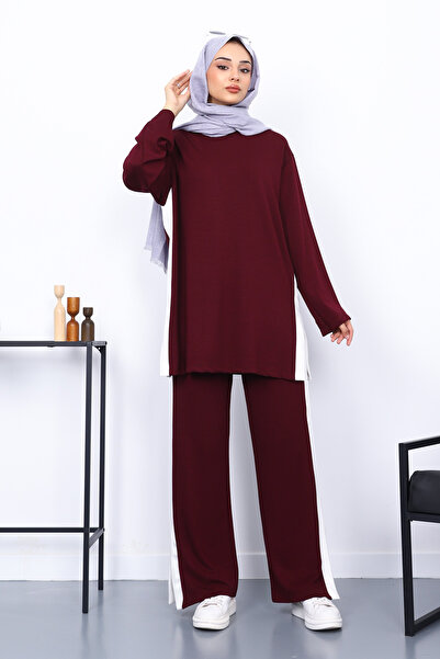 İmajButik Plum Color Block Modal Tunic Trouser Set