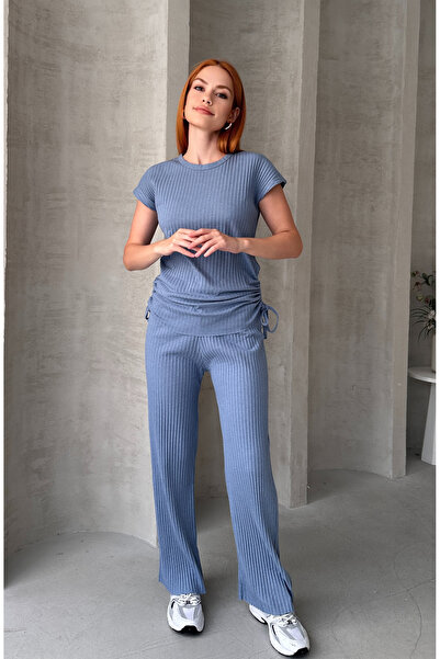 EYYE Indigo Women's Cotton Gathered Side Ribbed Bottom Top Set