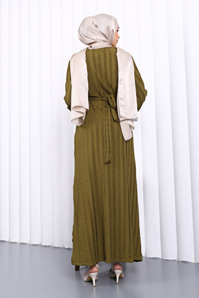 İmajButik K. Oil Green Waist Belted Ruffle Detailed Seersucker Dress